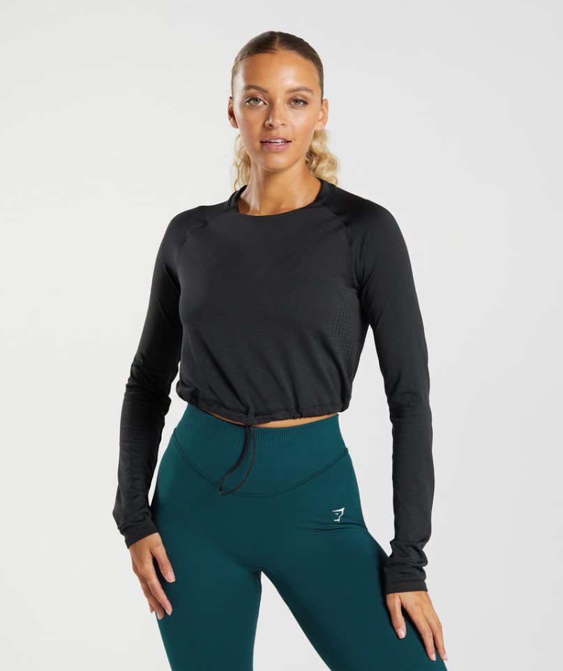 Women\'s Gymshark Sweat Seamless Long Sleeve Cropped Tops Black | CA NDA186